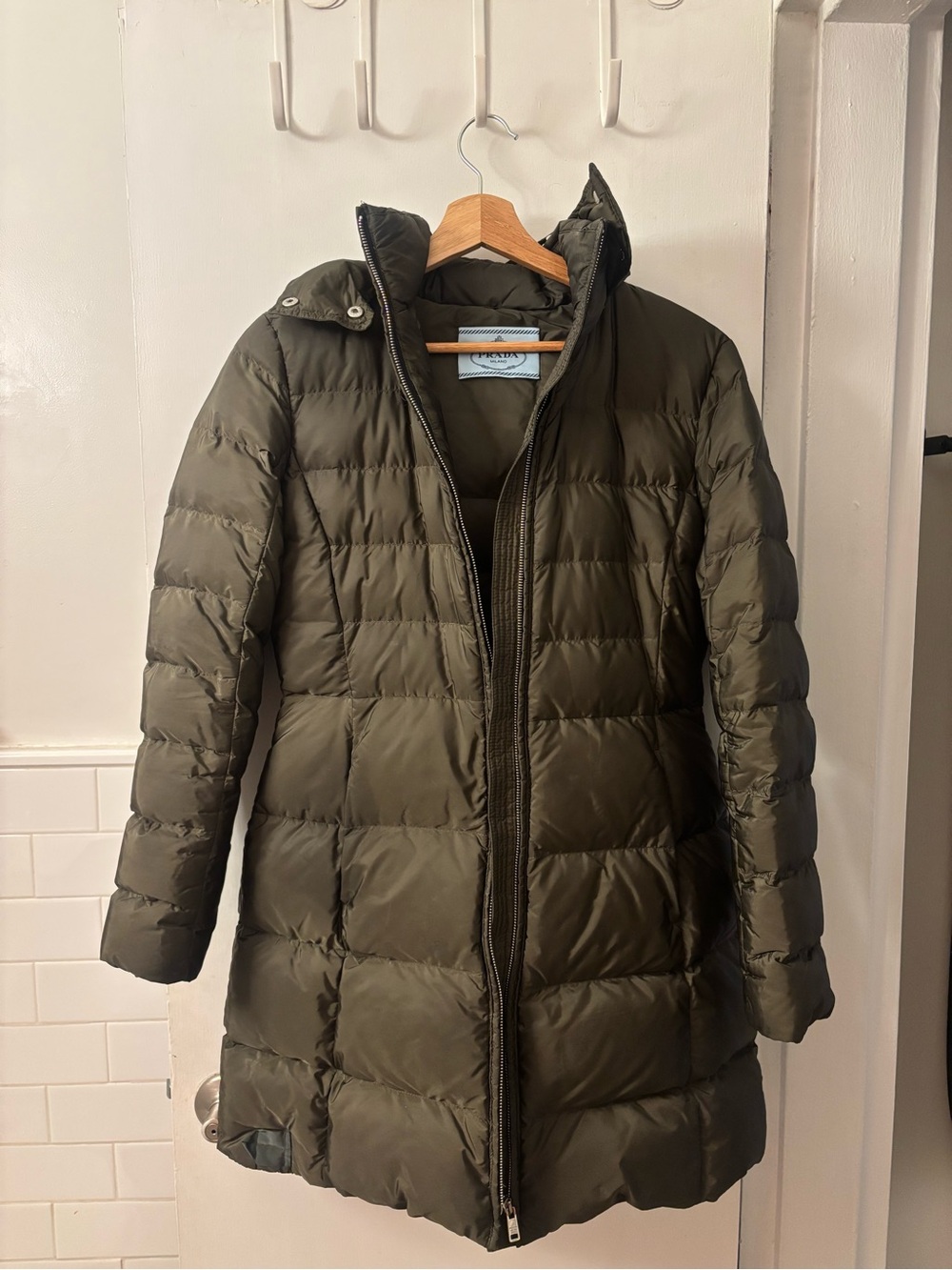 Prada Long Down Puffer Coat in Olive